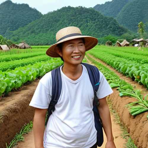 **A friendly Thai tour guide leading a group of tourists through an organic farm, showcasing local produce and traditional farming methods.**