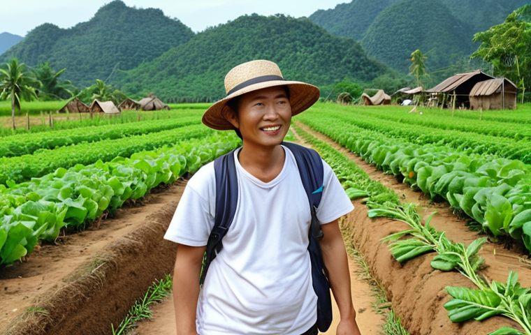 **A friendly Thai tour guide leading a group of tourists through an organic farm, showcasing local produce and traditional farming methods.**