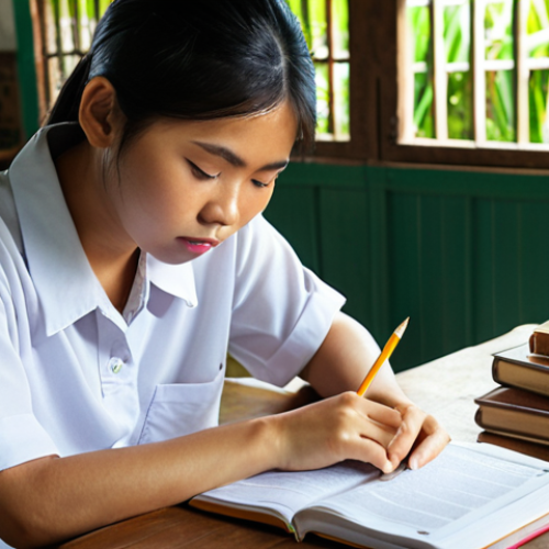 **A focused Thai student studying for an agricultural tourism exam. The student is meticulously analyzing a practice exam, highlighting key areas, and taking notes. Books and study materials related to Thai agriculture and tourism are scattered around the desk. Soft, natural lighting creates a serious yet encouraging atmosphere.**