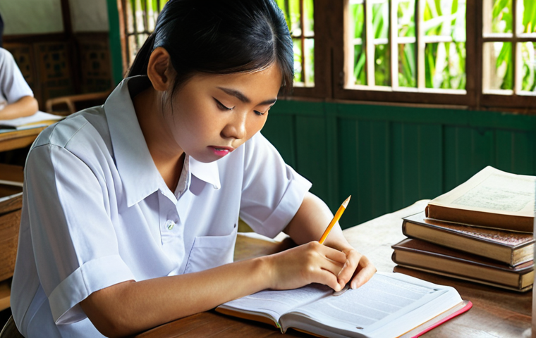 **A focused Thai student studying for an agricultural tourism exam. The student is meticulously analyzing a practice exam, highlighting key areas, and taking notes. Books and study materials related to Thai agriculture and tourism are scattered around the desk. Soft, natural lighting creates a serious yet encouraging atmosphere.**