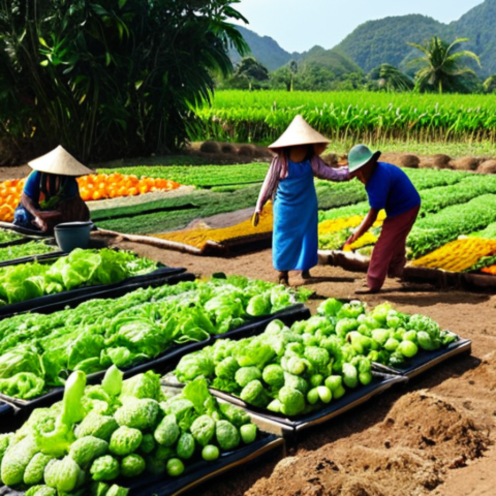 **

> A vibrant organic farm scene in Thailand. Farmers harvesting colorful vegetables and fruits. Tourists are interacting with the farmers, learning about organic farming methods (composting, natural pest control). Sun shining, emphasizing the healthy and sustainable aspect.

**