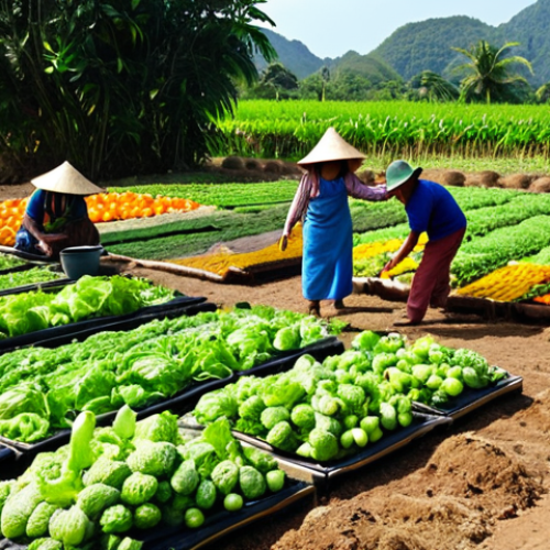 **

> A vibrant organic farm scene in Thailand. Farmers harvesting colorful vegetables and fruits. Tourists are interacting with the farmers, learning about organic farming methods (composting, natural pest control). Sun shining, emphasizing the healthy and sustainable aspect.

**