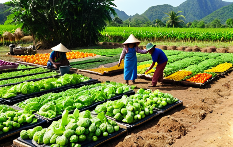 **
> A vibrant organic farm scene in Thailand. Farmers harvesting colorful vegetables and fruits. Tourists are interacting with the farmers, learning about organic farming methods (composting, natural pest control). Sun shining, emphasizing the healthy and sustainable aspect.
**